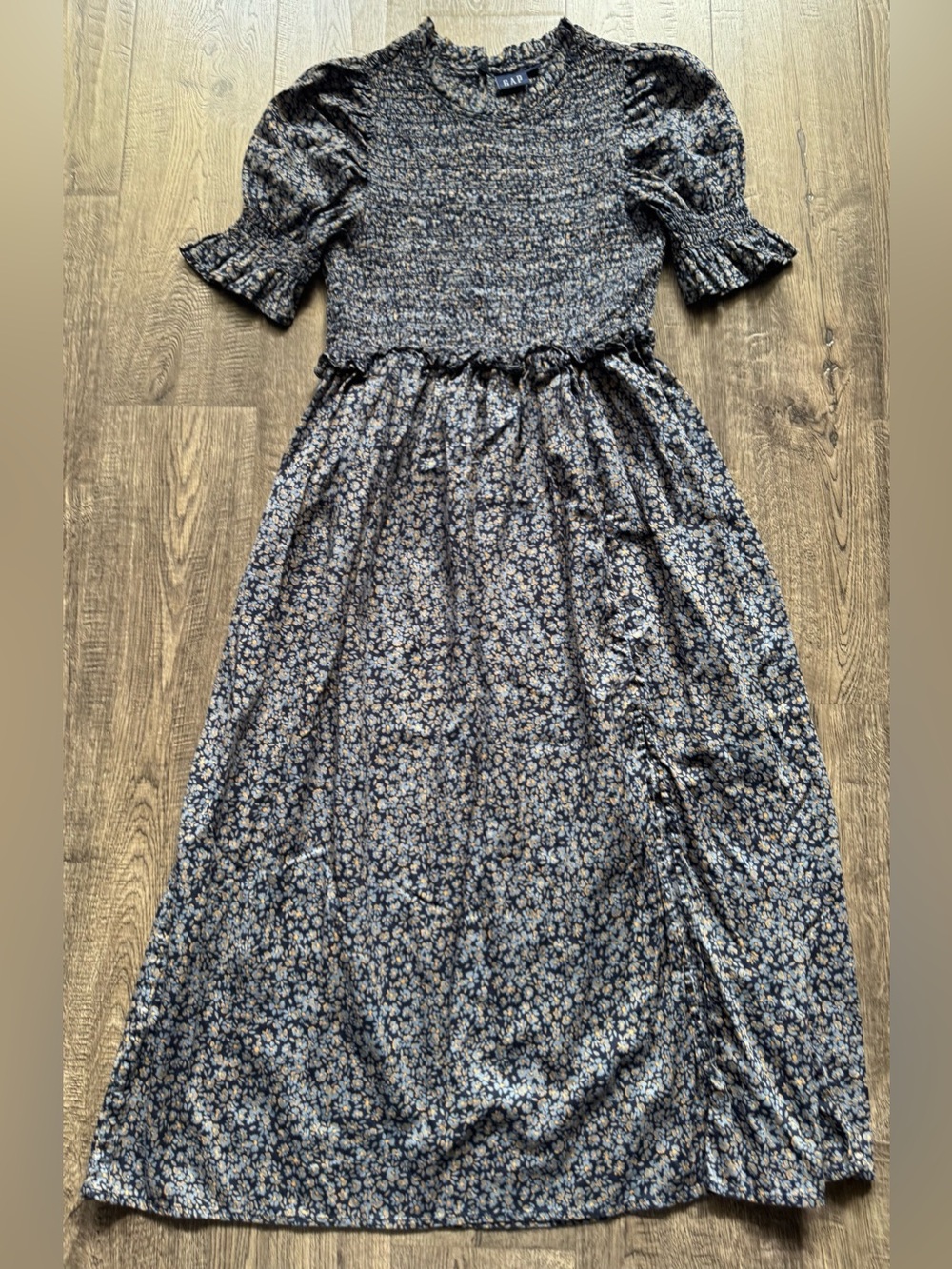 GAP Women's PM Petite Blue/Yellow Floral Smocked Puff Sleeve High Neck Midi